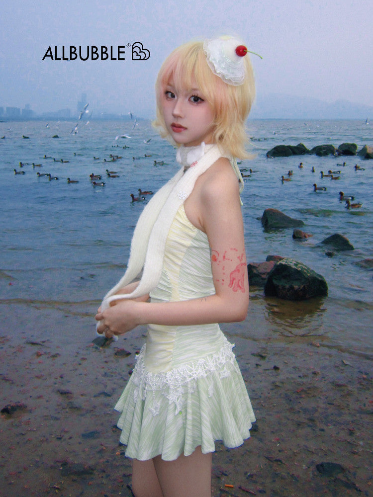 Allbubble - Yellow Green Star Halter Dress dress Allbubble