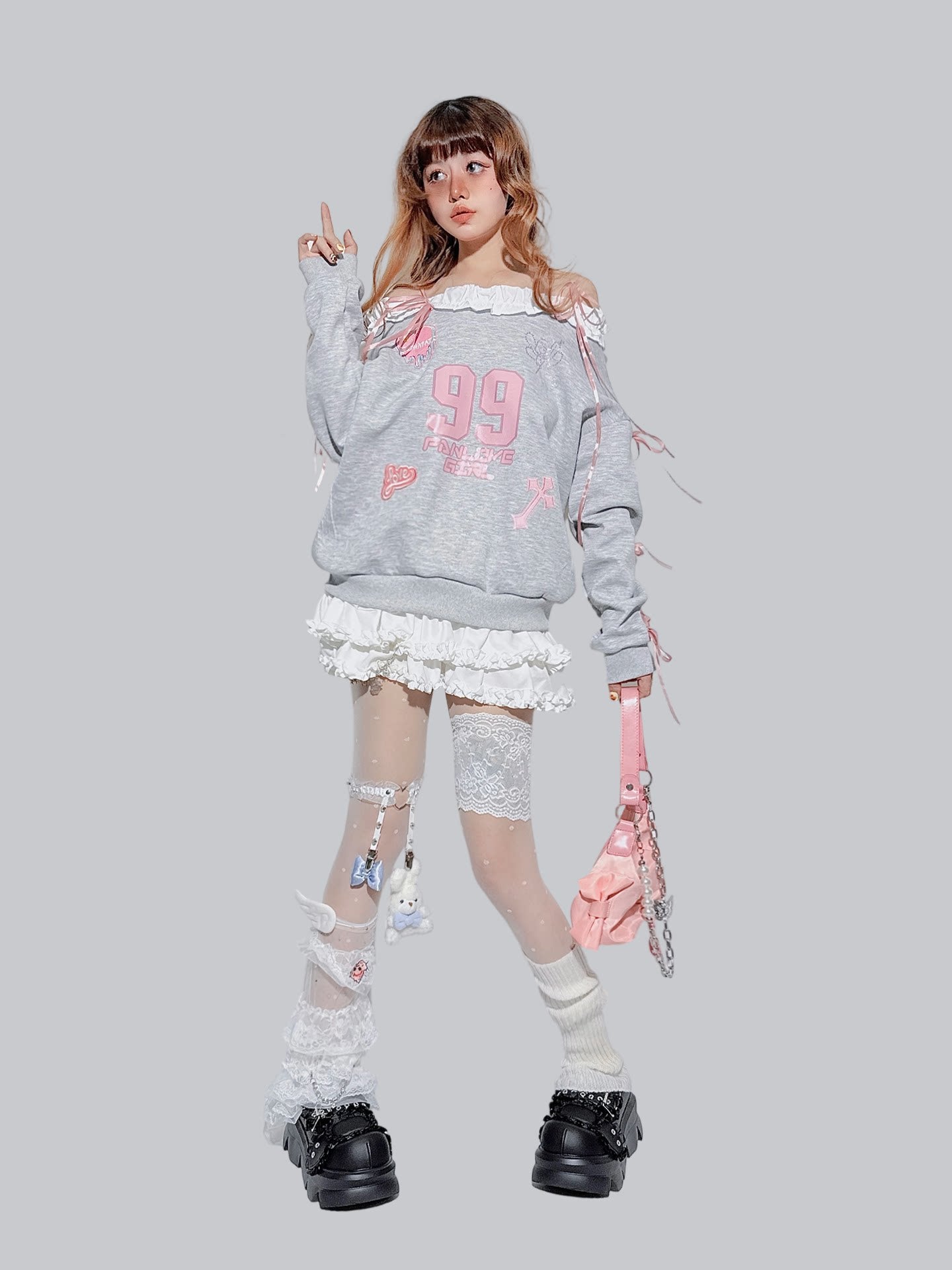 FANLOVEGIRL - Grey/White Off-Shoulder Lace Sweatshirt shirt FANLOVEGIRL