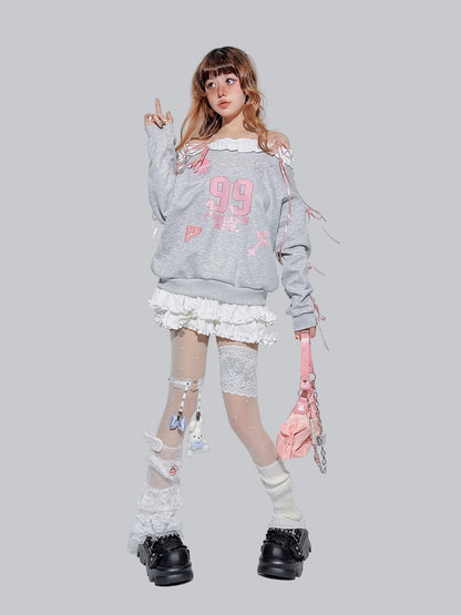 FANLOVEGIRL - Grey/White Off-Shoulder Lace Sweatshirt shirt FANLOVEGIRL