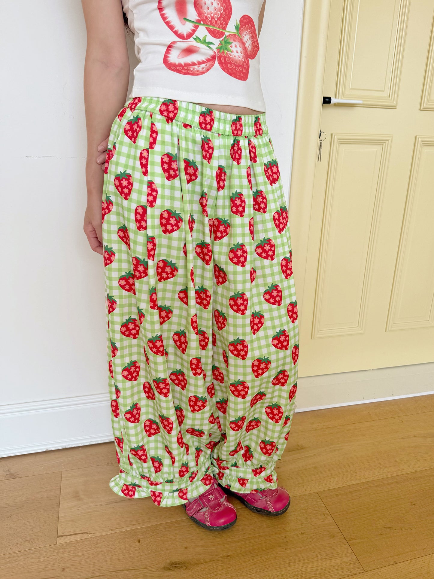 FRUITS - Strawberry Plaid Wide Leg Pants | Kawaii Japanese Streetwear Trousers pants Fruits