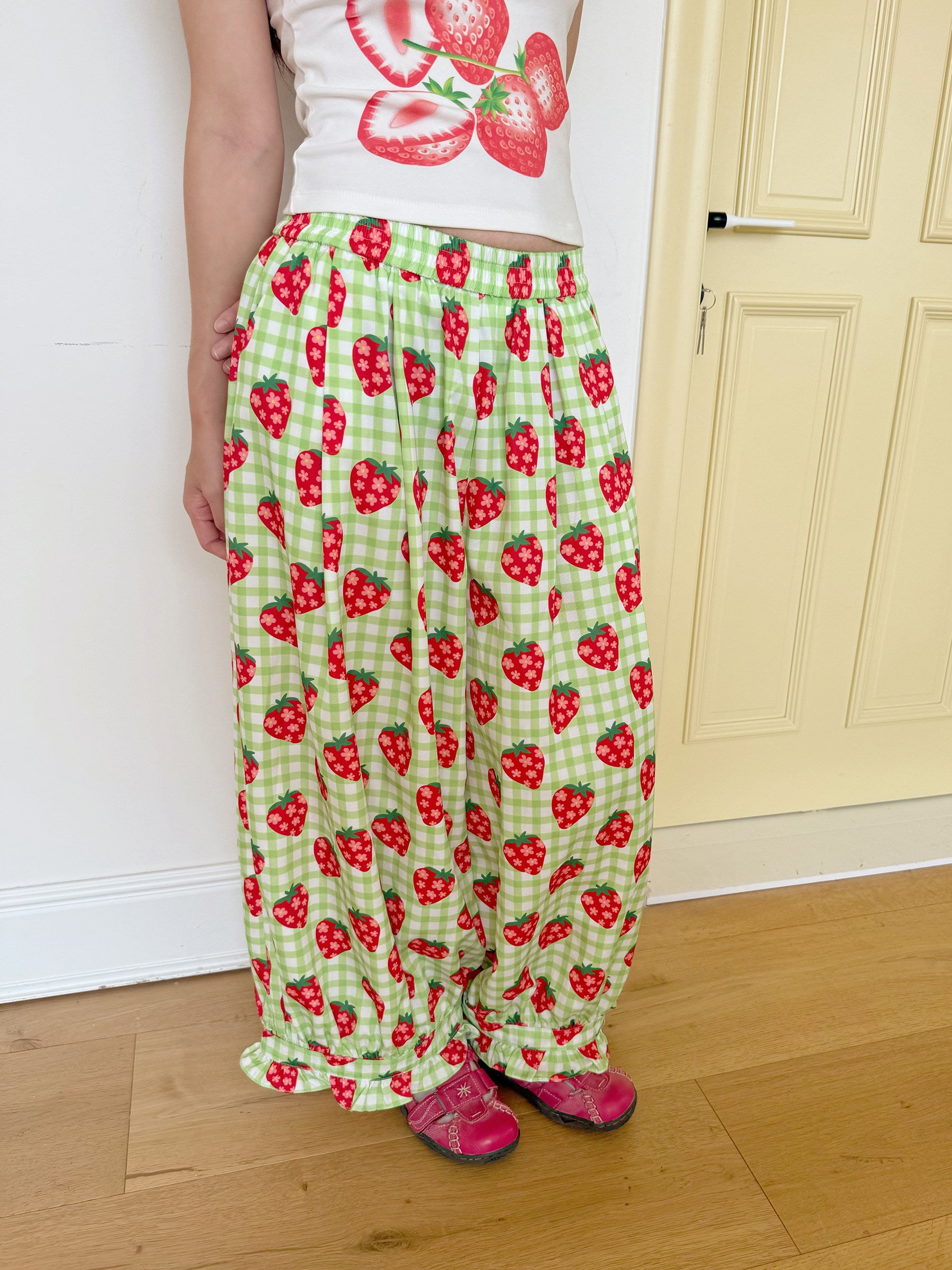FRUITS - Strawberry Plaid Wide Leg Pants | Kawaii Japanese Streetwear Trousers pants Fruits
