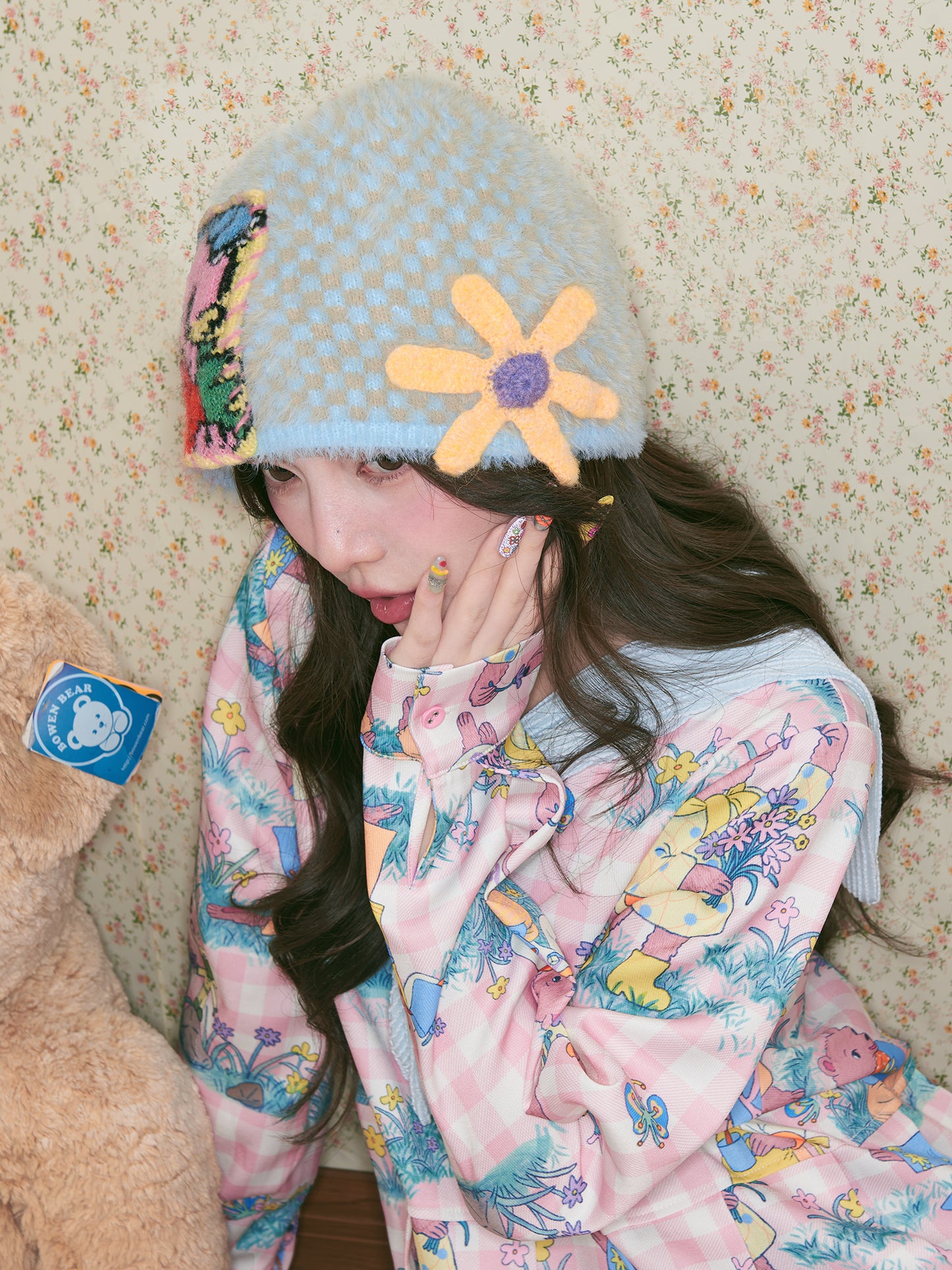 tntntutu - Kawaii Blue Bunny Flower Knit Beanie hat tntntutu