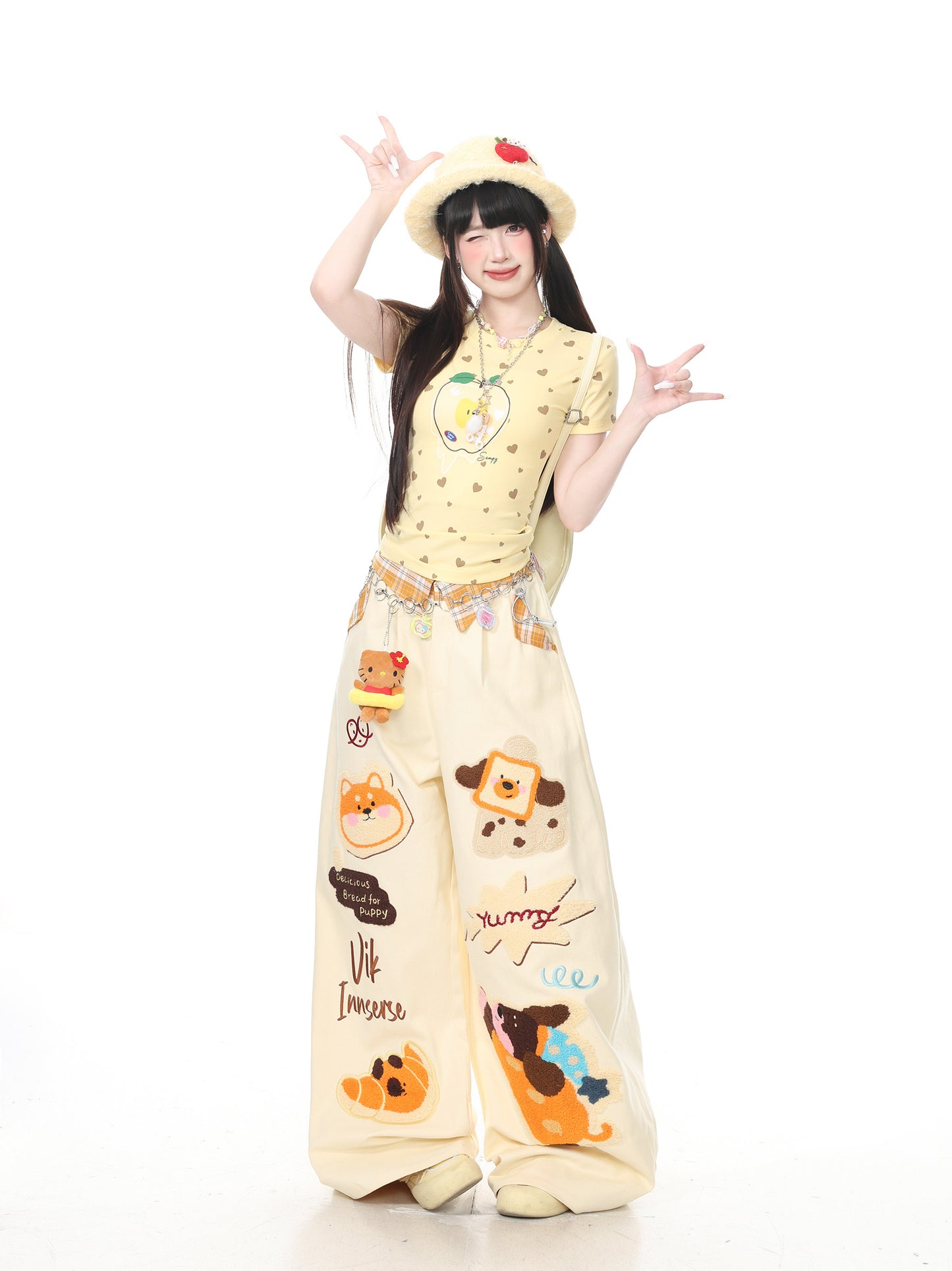 Languid Park - Plaid Applique Dog Wide Leg Jeans pants Languid Park