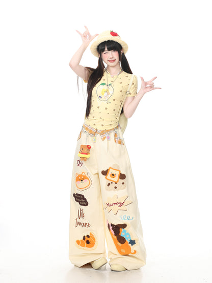 Languid Park - Plaid Applique Dog Wide Leg Jeans pants Languid Park