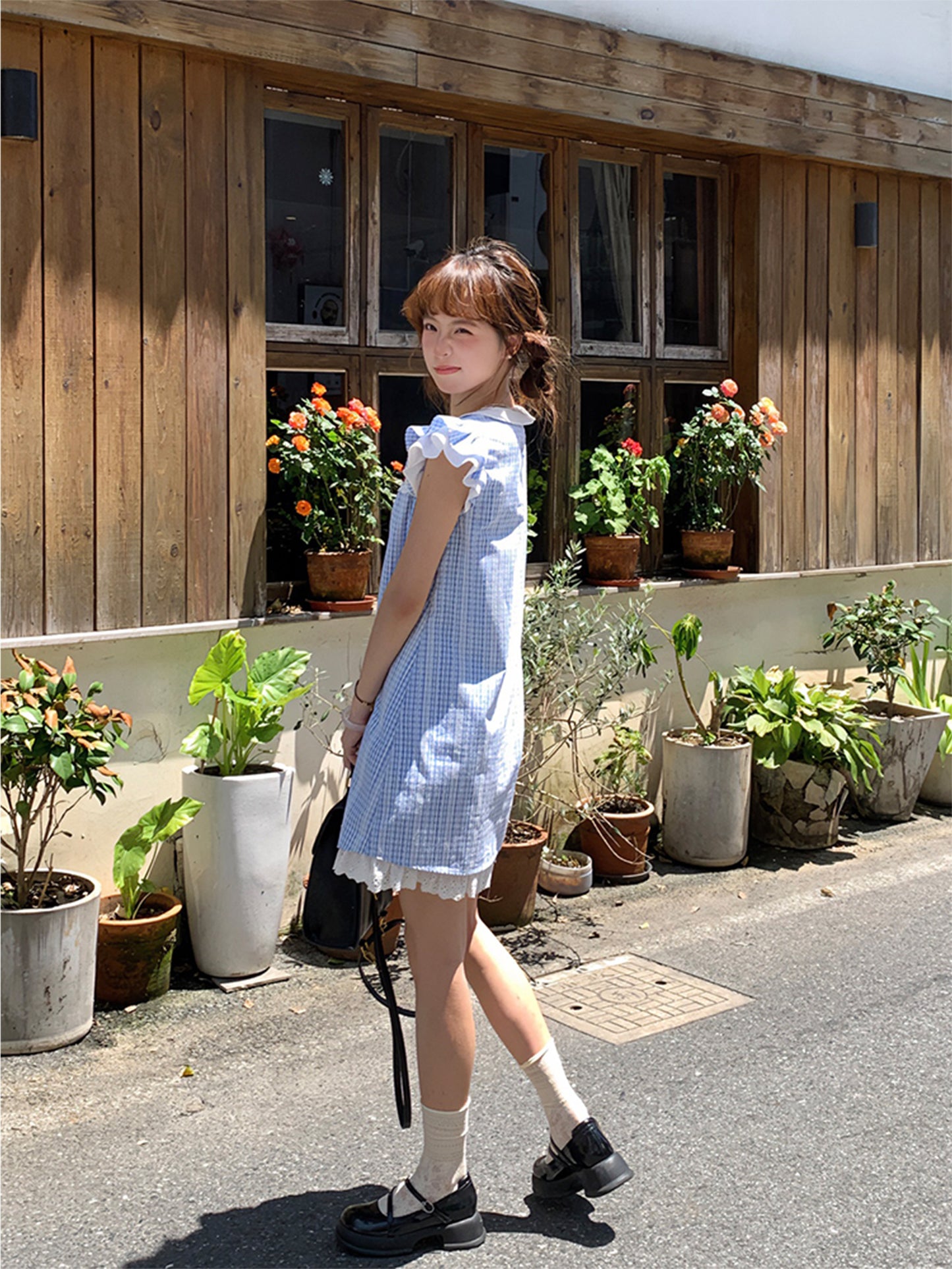 Sinsingirl - Kawaii Blue Plaid Flutter Sleeve Midi Dress dress sinsingirl