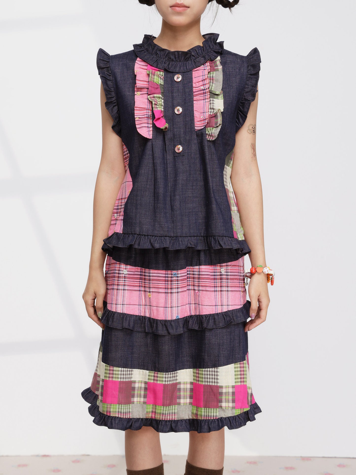 FRUITS - Pink Plaid Denim Vest Set set Fruits