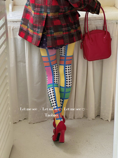 LET ME SEE 原创小众撞色格子印花连裤袜 千禧y2k时髦波 tights let me see