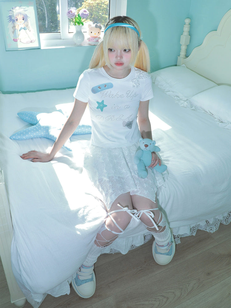 Hashtag DDD – White Dreamy T-shirt with Patchwork Bow Rhinestone tshirt Hashtag DDD