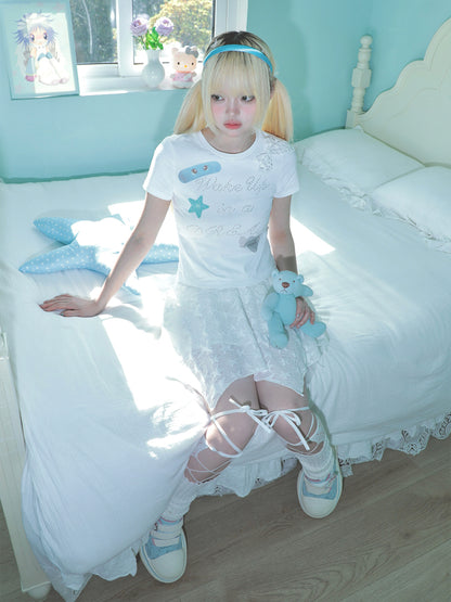 Hashtag DDD – White Dreamy T-shirt with Patchwork Bow Rhinestone tshirt Hashtag DDD