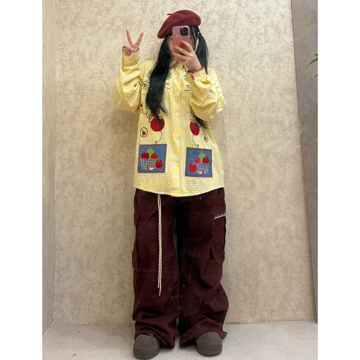 BIBULU - Kidcore Apple Embroidery Plaid Shirt shirt BIBULU