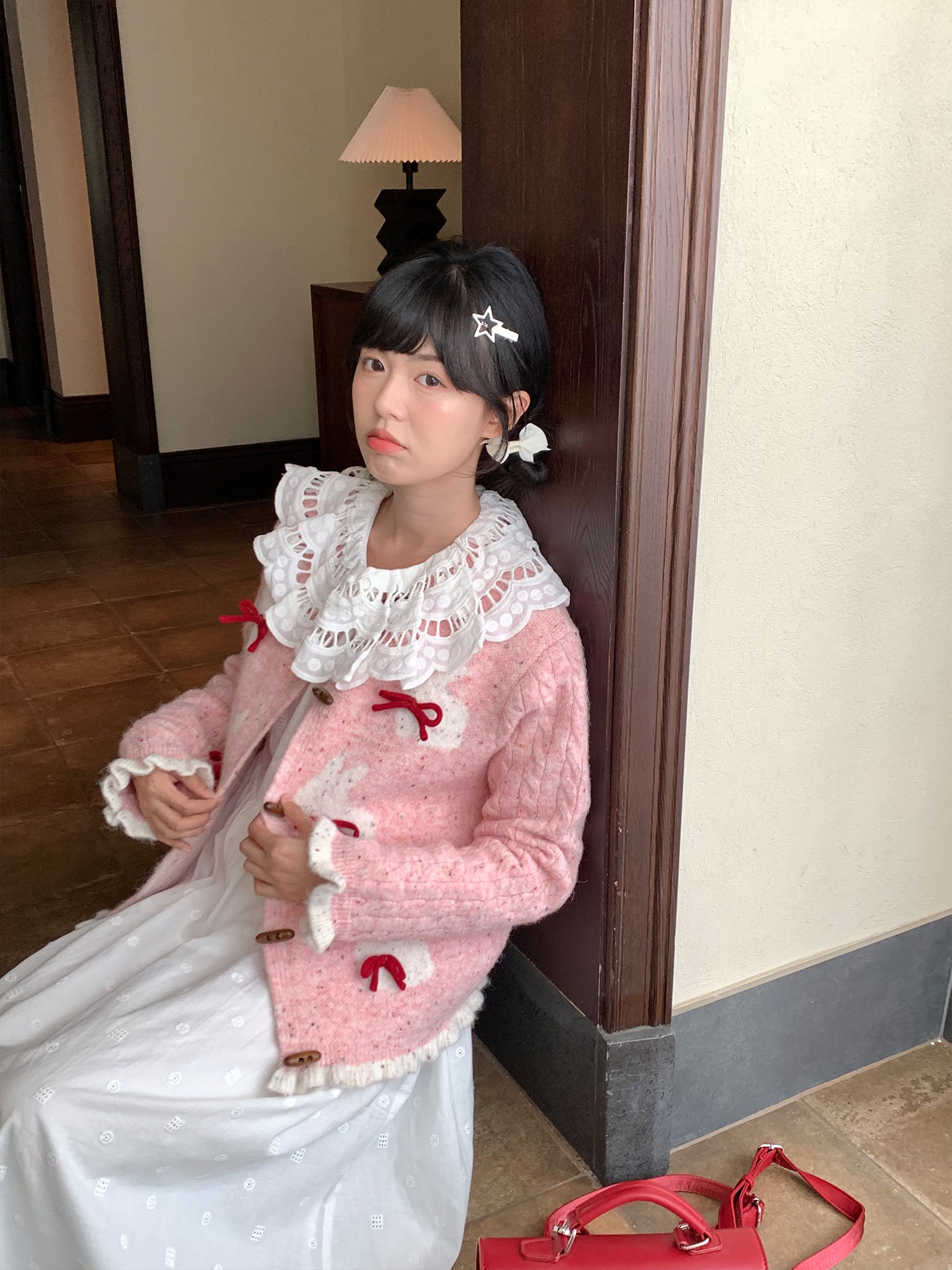 Mameya - Kawaii Bunny Knit Cardigan Pink Bow Cable Sleeve Design cardigan Mameya