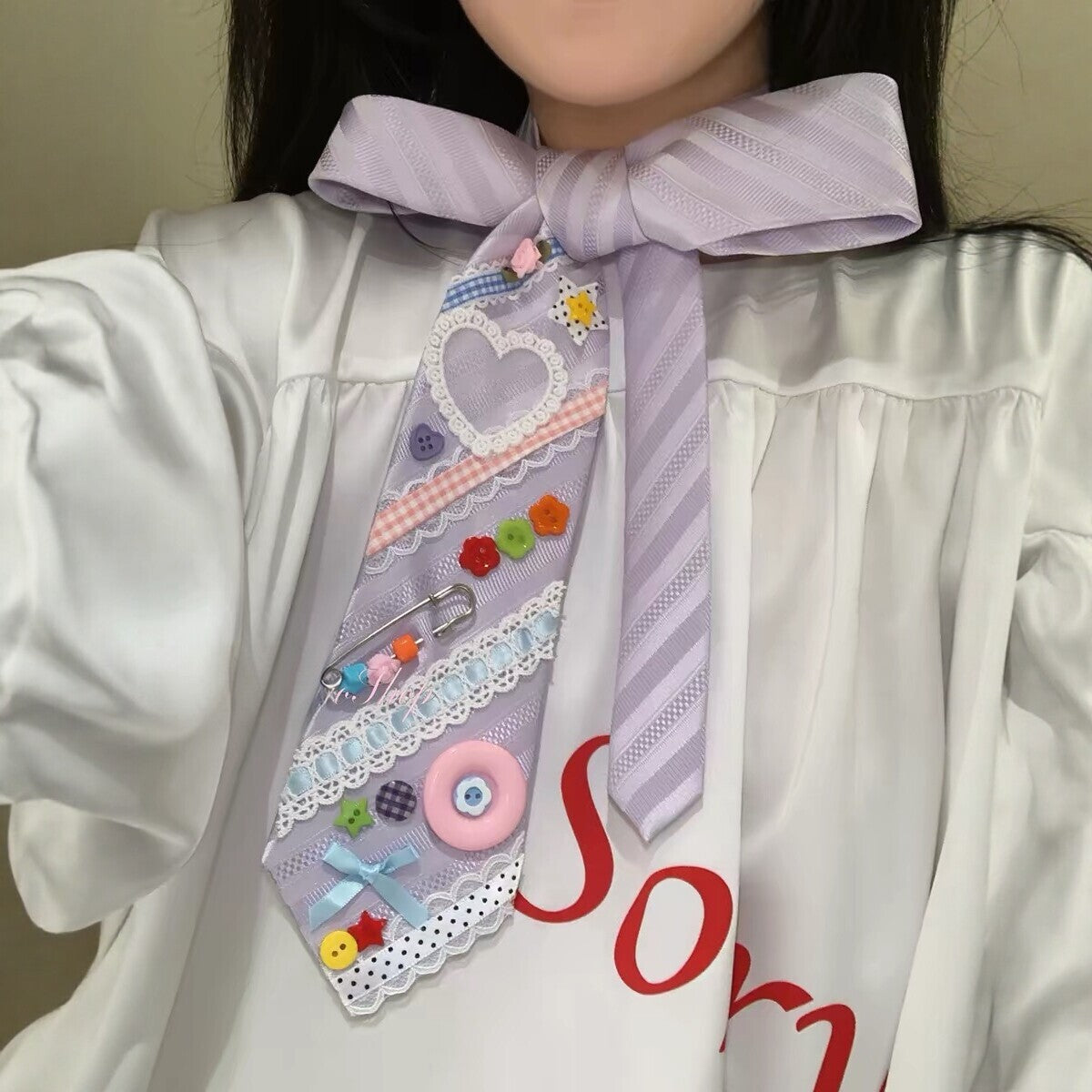 Kiwi Store - Y2K Colorful Button Pin Neck Tie scarf kiwi store Purple