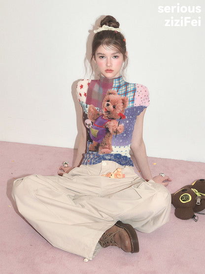 ziziFei - Teddy Patchwork Pleated T-Shirt shirt ziziFei