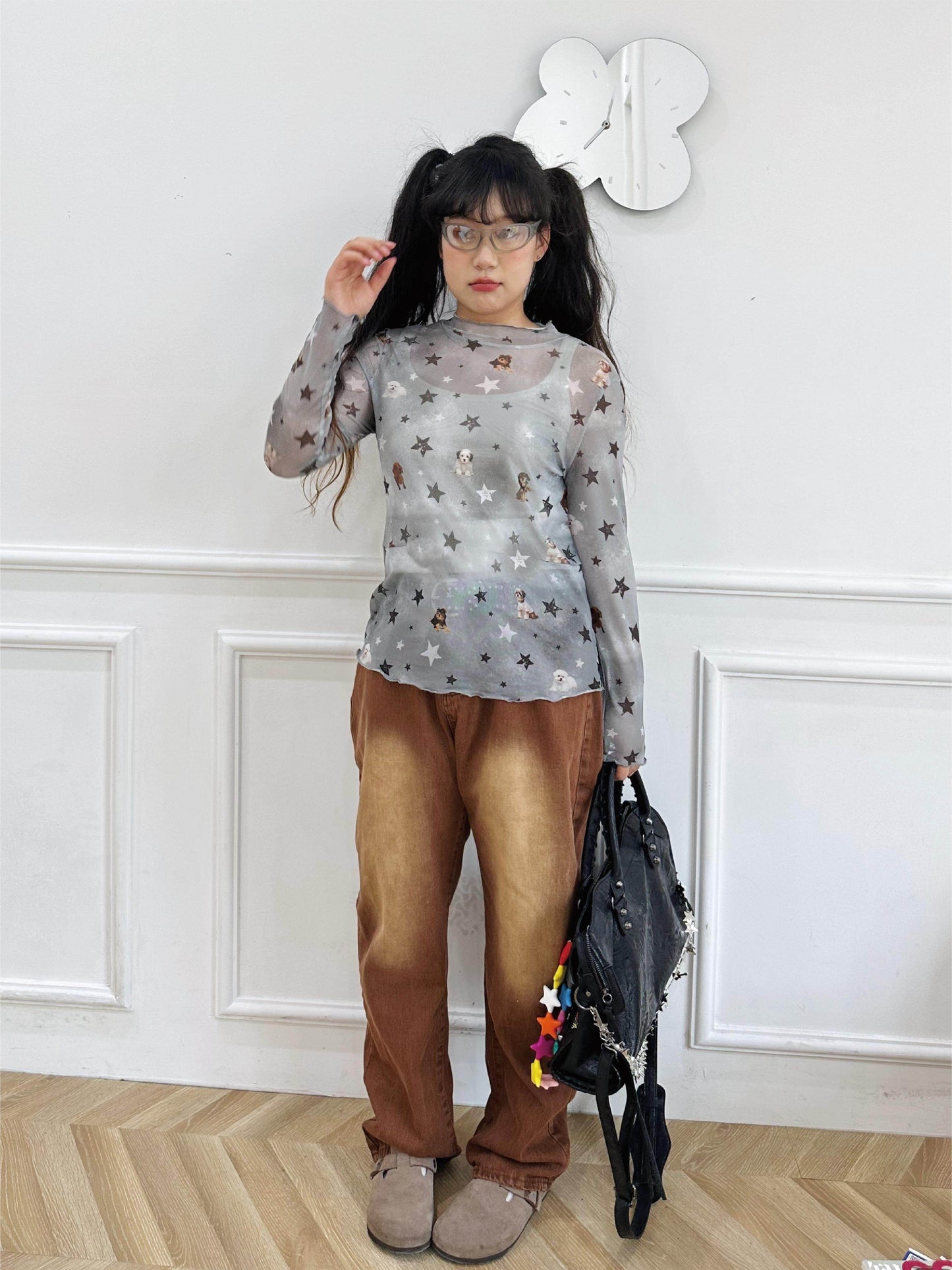 Autumn Oxygen - All-Over Puppy Print Mesh Long Sleeve Top shirt Autumn Oxygen