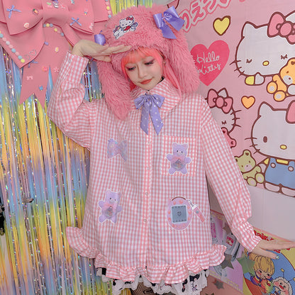FANLOVEGIRL - Pink Bear Print Doll Collar Shirt shirt FANLOVEGIRL