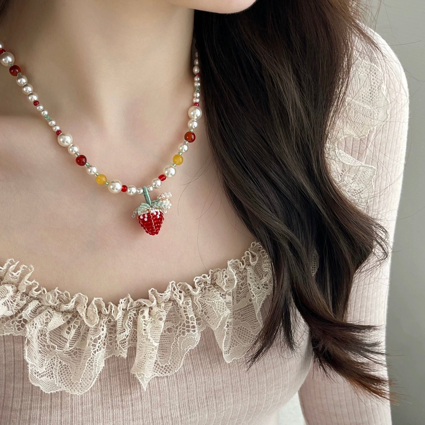 Kiwi Store - Pearl Flower Strawberry Beaded Necklace Keychain necklace kiwi store