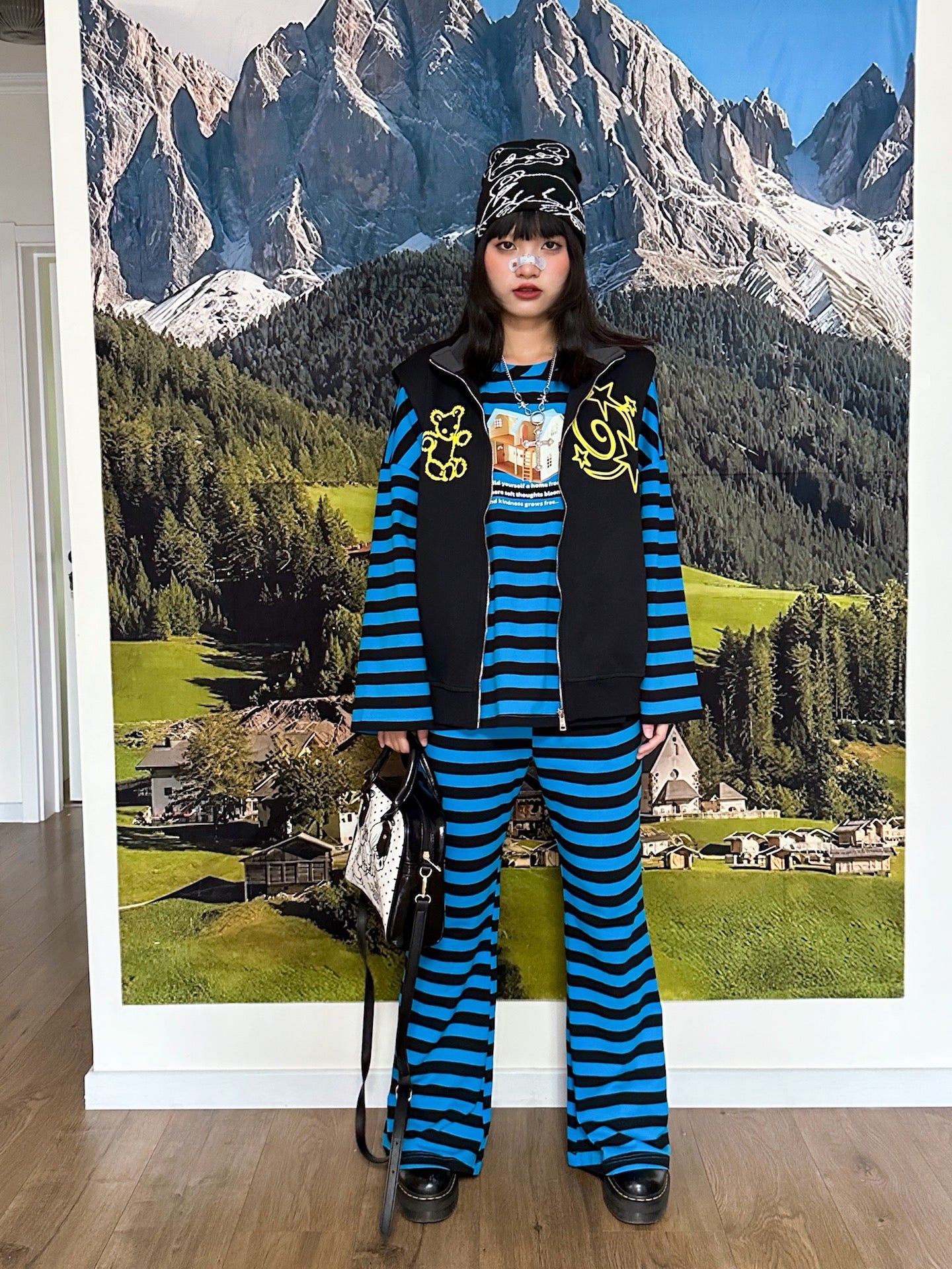 BunnyBunnyGun - Y2K Oversize Long Sleeve T Shirt Blue Black Stripes Shirt shirt bunnybunnygun