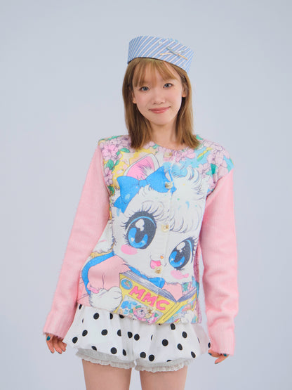 MeowMeow Bug - Kawaii Reading Cat Knit Cardigan