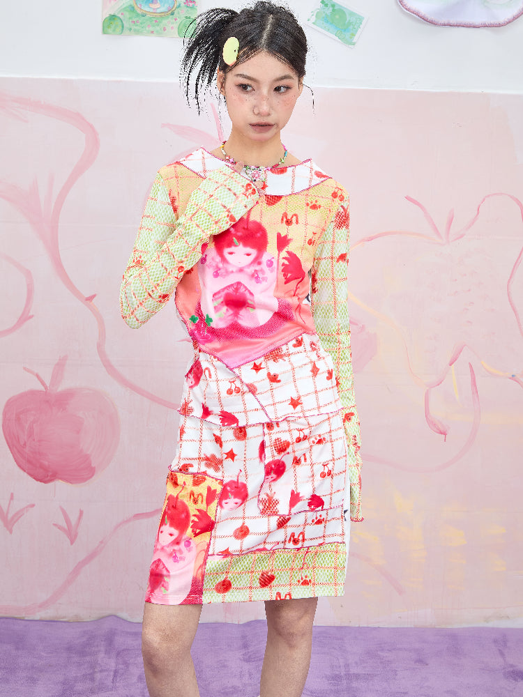 Moon Meadow – Y2K Mesh Cartoon Print Slim Top & Skirt Set set Moon Meadow