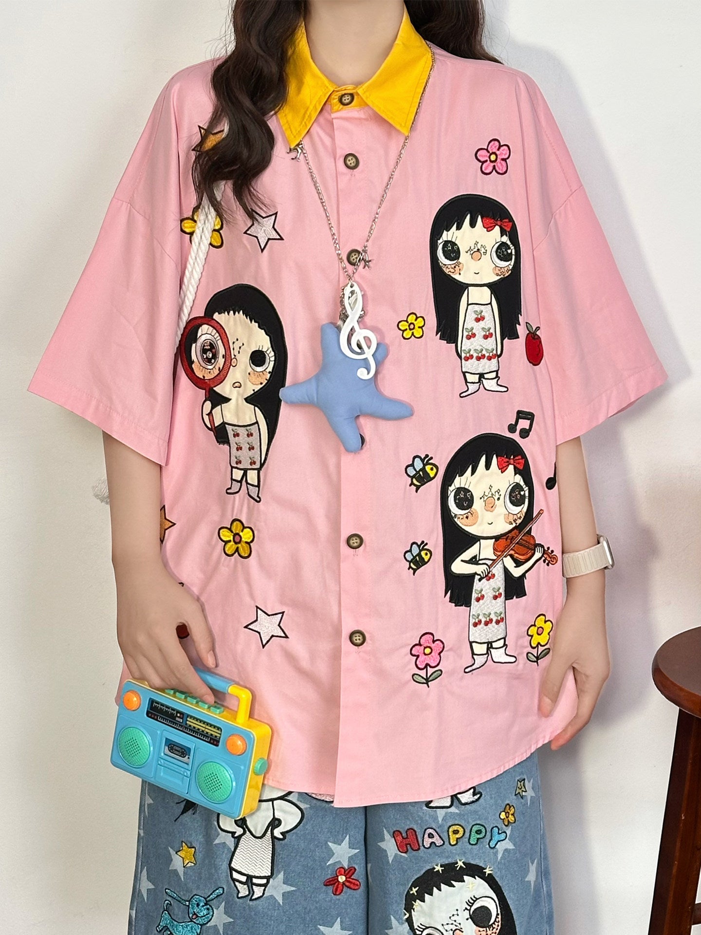 Pink Cartoon Embroidered Shirt shirt soldout