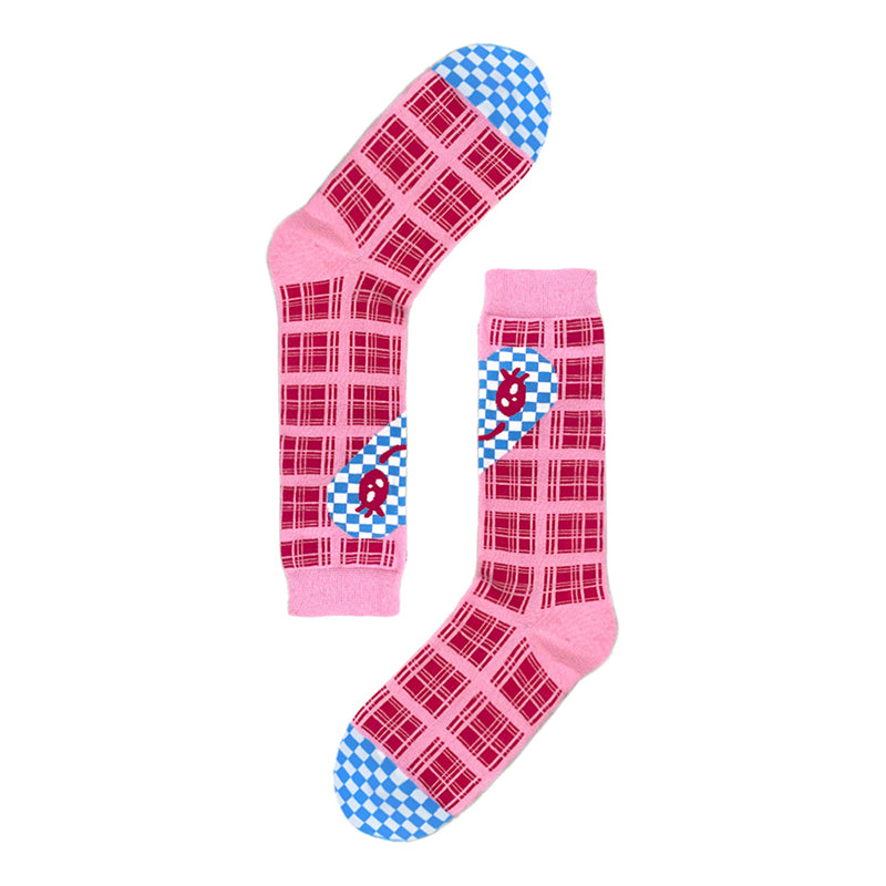 tntntutu Decora Kei Sock | Pink Plaid Heart Smile Socks | Cute Mid-Calf Cotton Socks sock tntntutu