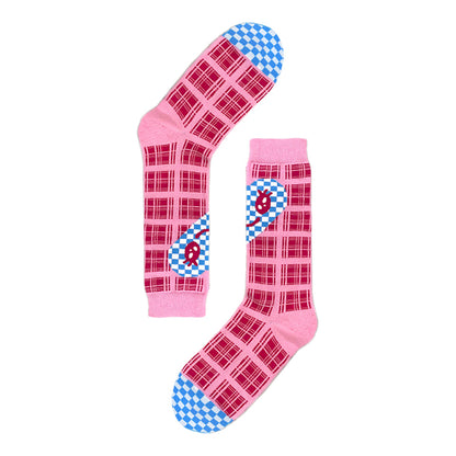 tntntutu Decora Kei Sock | Pink Plaid Heart Smile Socks | Cute Mid-Calf Cotton Socks sock tntntutu