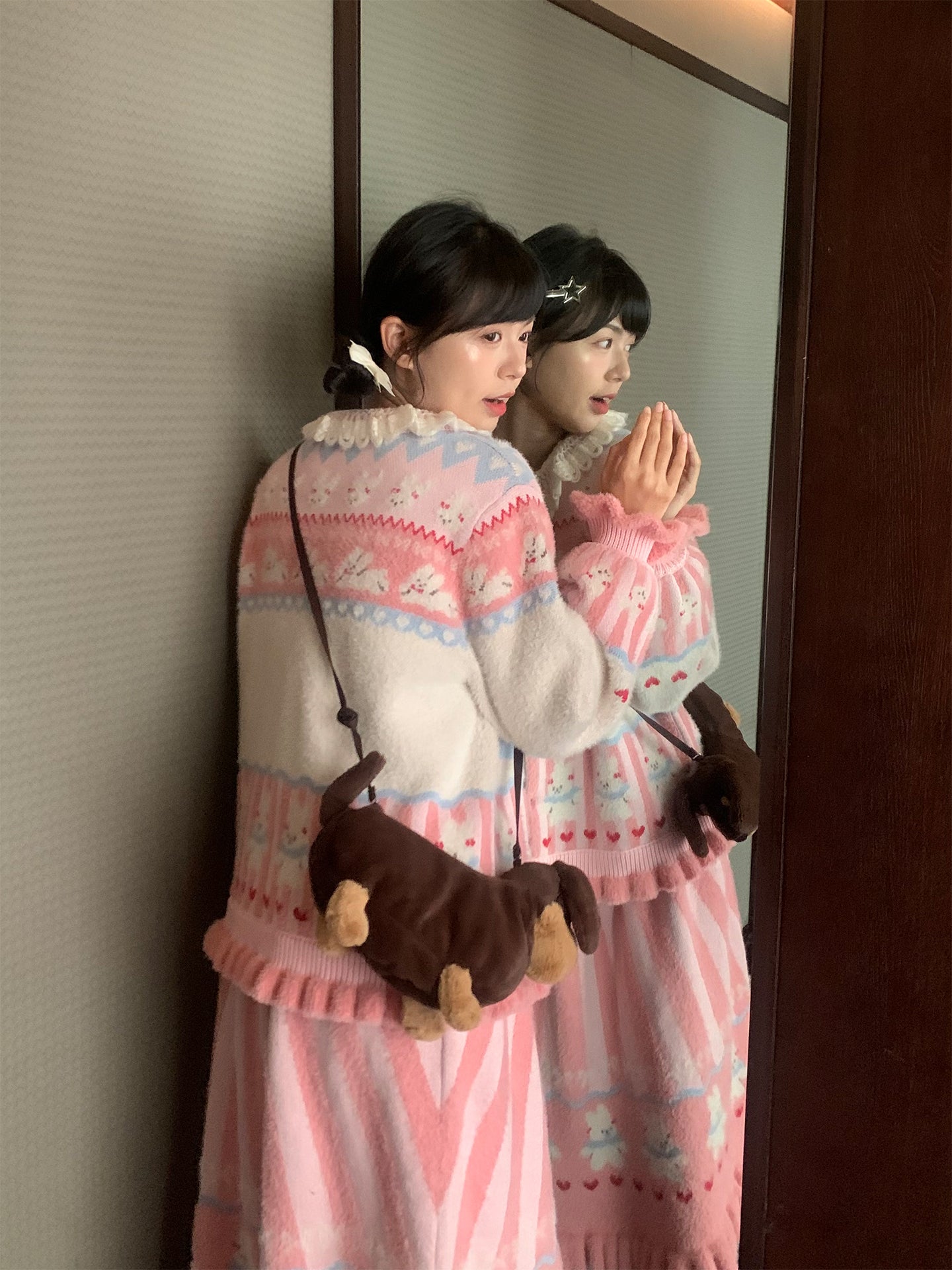 Mameya - Kawaii Pink Bunny Knit Cardigan Skirt Set set Mameya