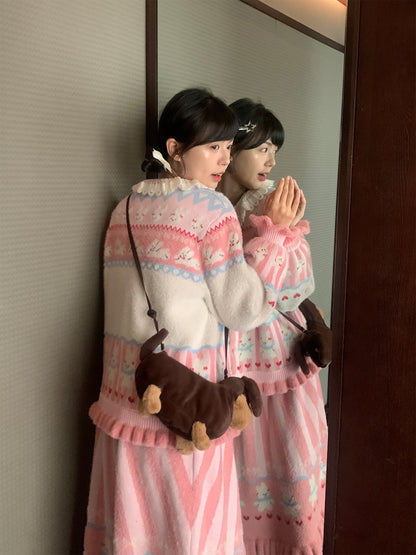 Mameya - Kawaii Pink Bunny Knit Cardigan Skirt Set set Mameya