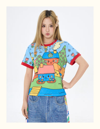 Robootoo - Blue Cartoon Town Print T-Shirt tshirt Robootoo