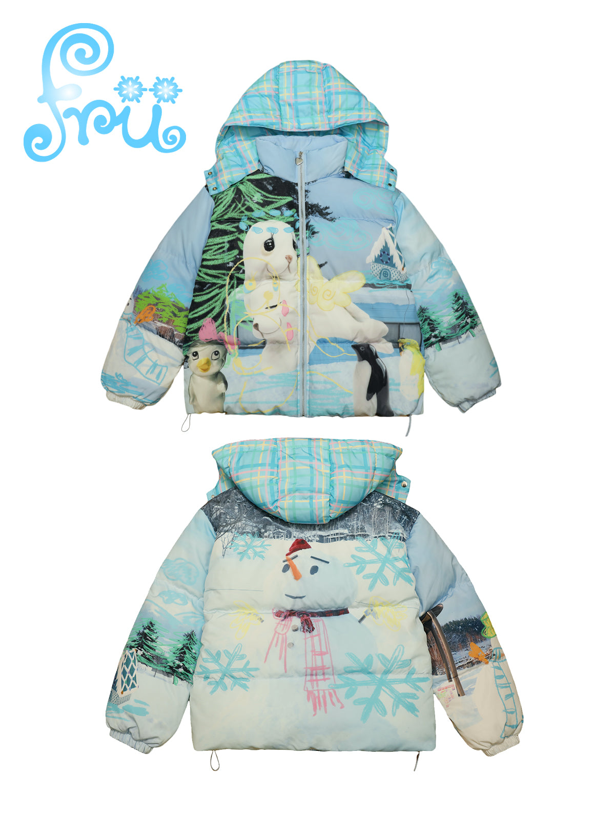 frufru Snow Farm Puffer Jacket | Harajuku Blue Snowman Down Coat