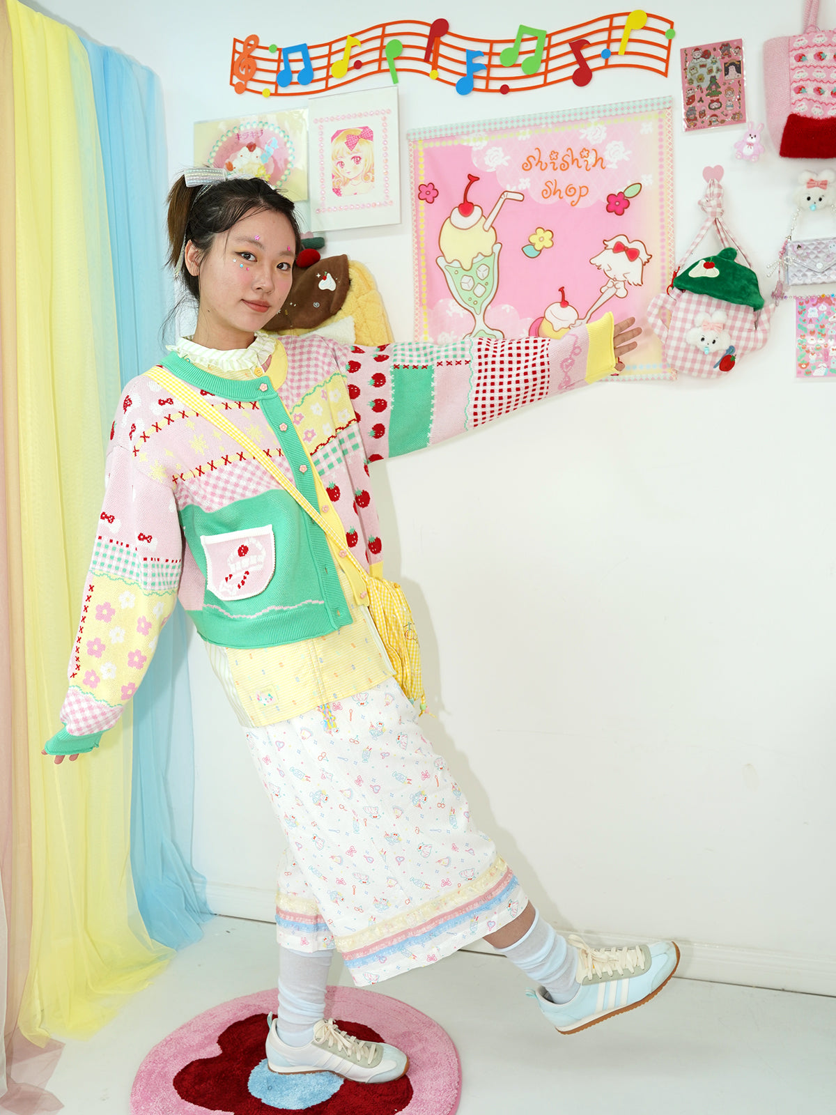 shishihshop Strawberry Puppy Cardigan | Cake Knit Cardigan | Colorblock Oversized Sweater cardigan shishihshop