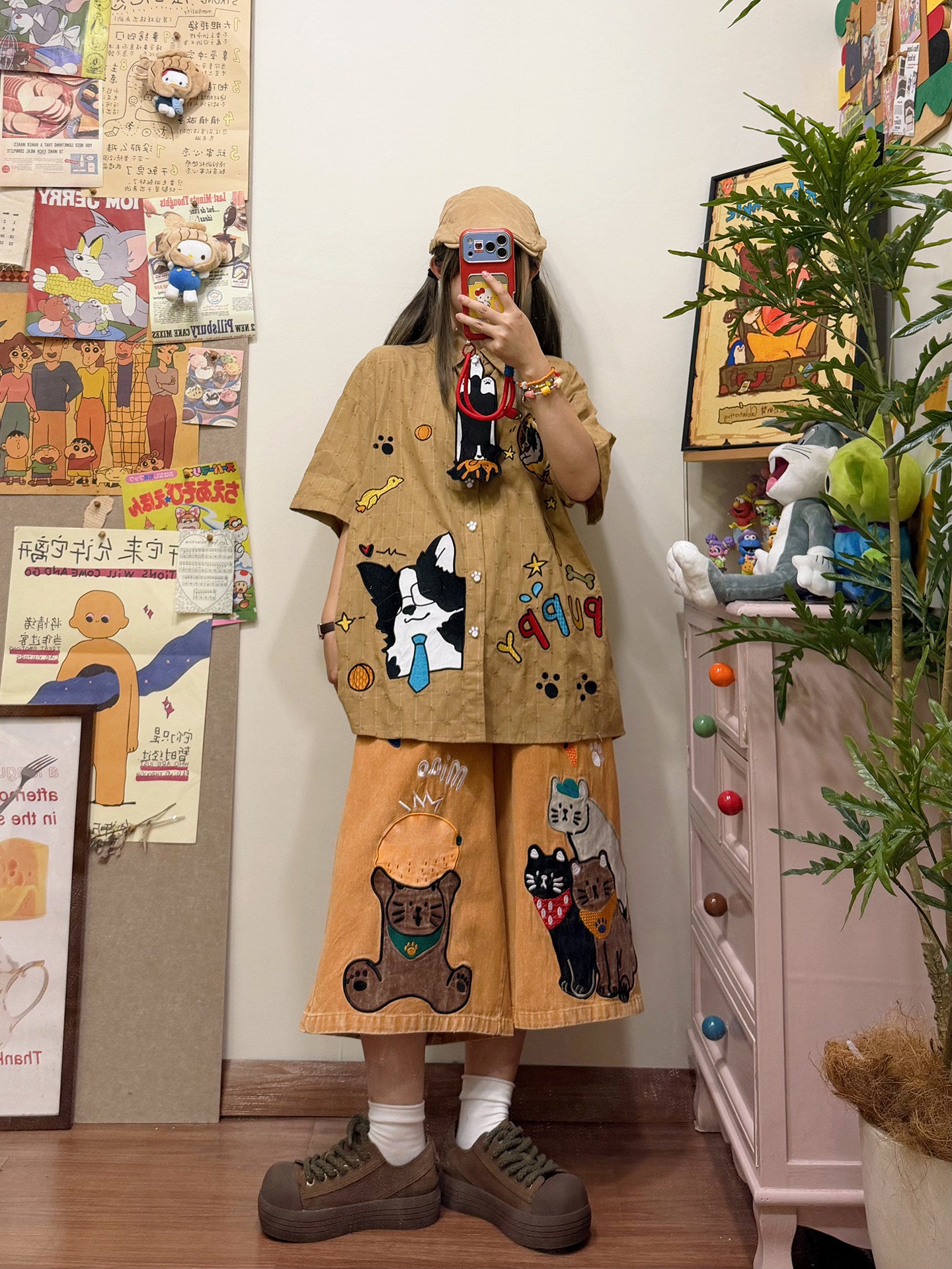 BIBULU - Kawaii Puppy Embroidered Oversized Short Sleeve Shirt