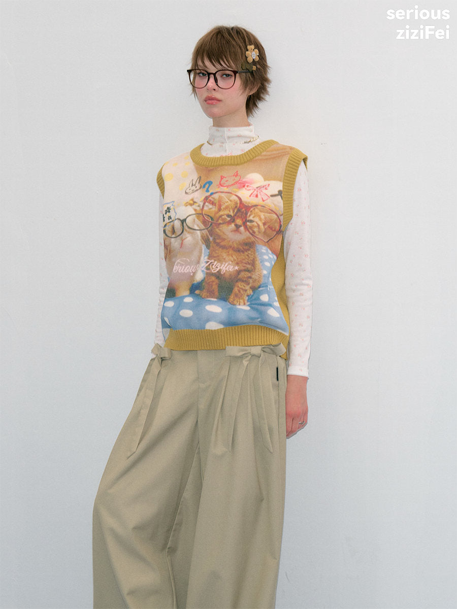 ziziFei - Yellow Cat Print Vintage Knit Vest vest ziziFei