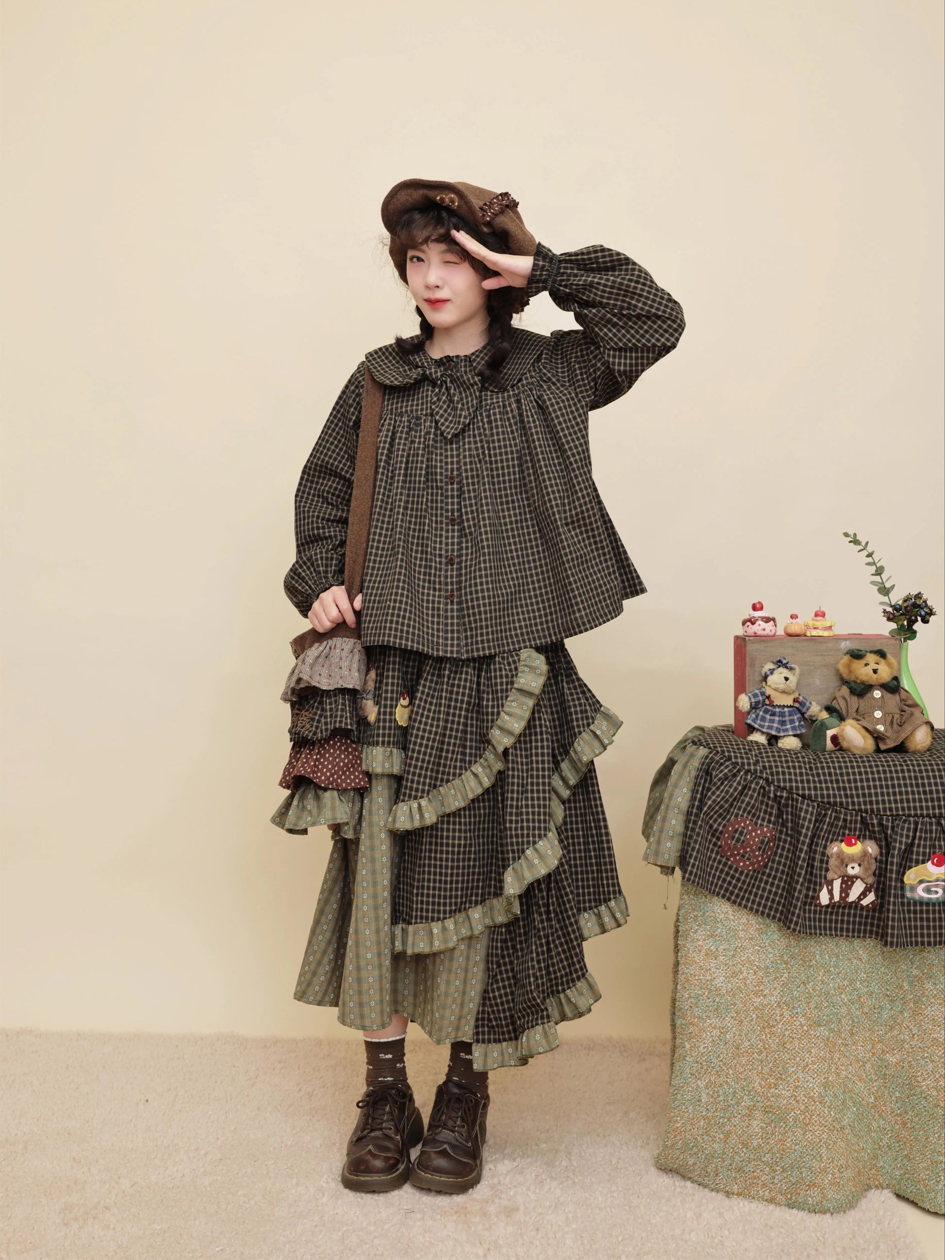 SemenCoicis - Kawaii Vintage Dark Green Plaid Cake Skirt skirt SemenCoicis