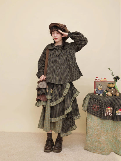 SemenCoicis - Kawaii Vintage Dark Green Plaid Cake Skirt skirt SemenCoicis