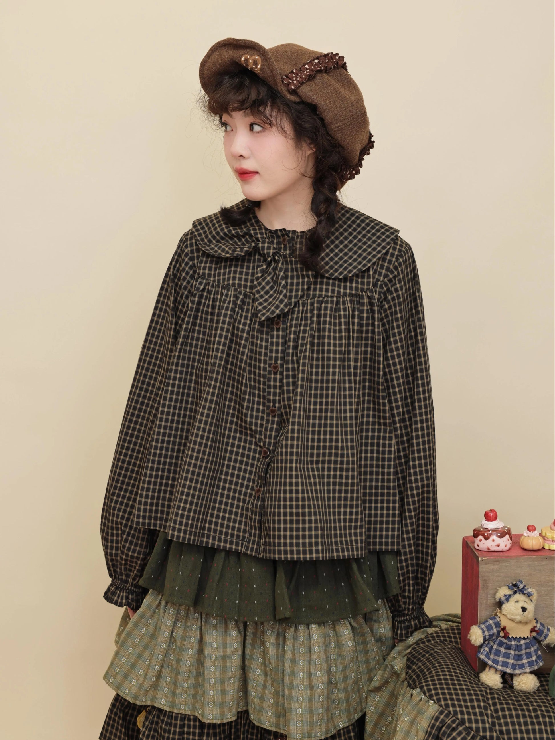 SemenCoicis - Kawaii Dark Green Plaid Bow Collar Shirt shirt SemenCoicis