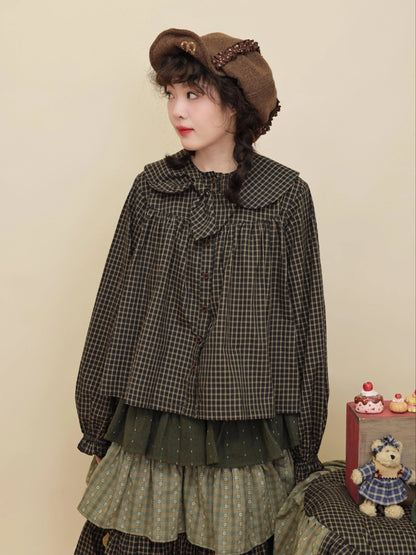 SemenCoicis - Kawaii Dark Green Plaid Bow Collar Shirt shirt SemenCoicis