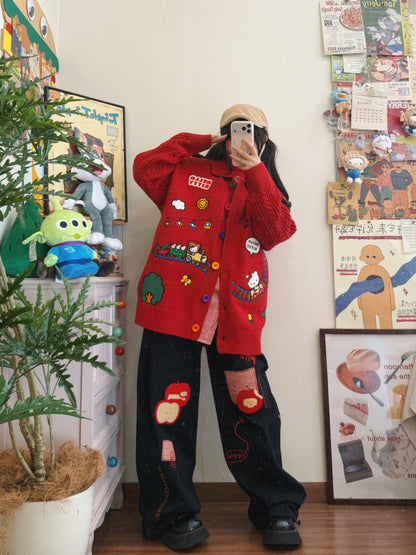 BIBULU - Retro Red Embroidered Sweater cardigan BIBULU