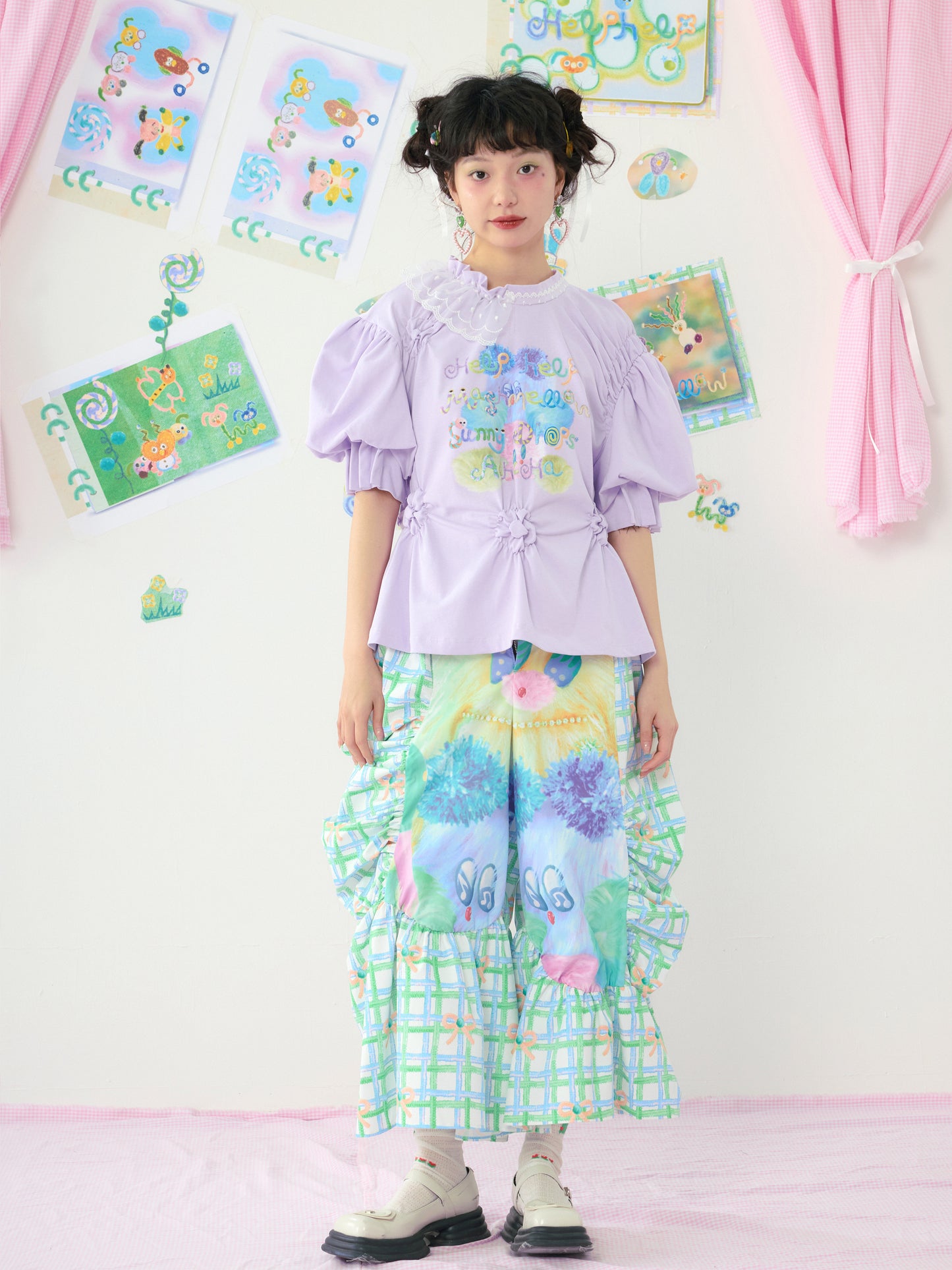 HELPHELP - Colorful Plaid Wide Leg Pants