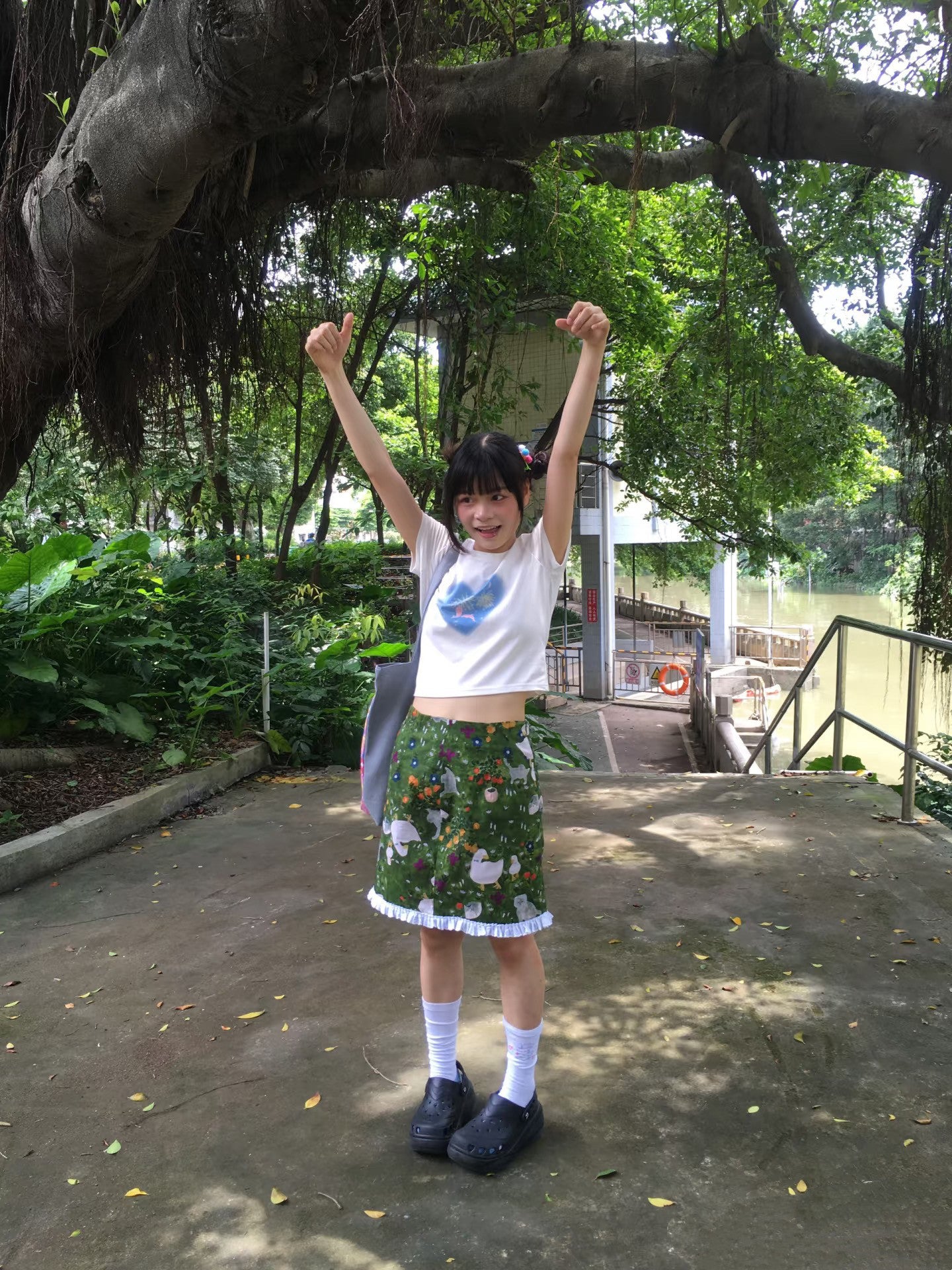 Romantic Rimande Café - Cat Print Green A-Line Skirt