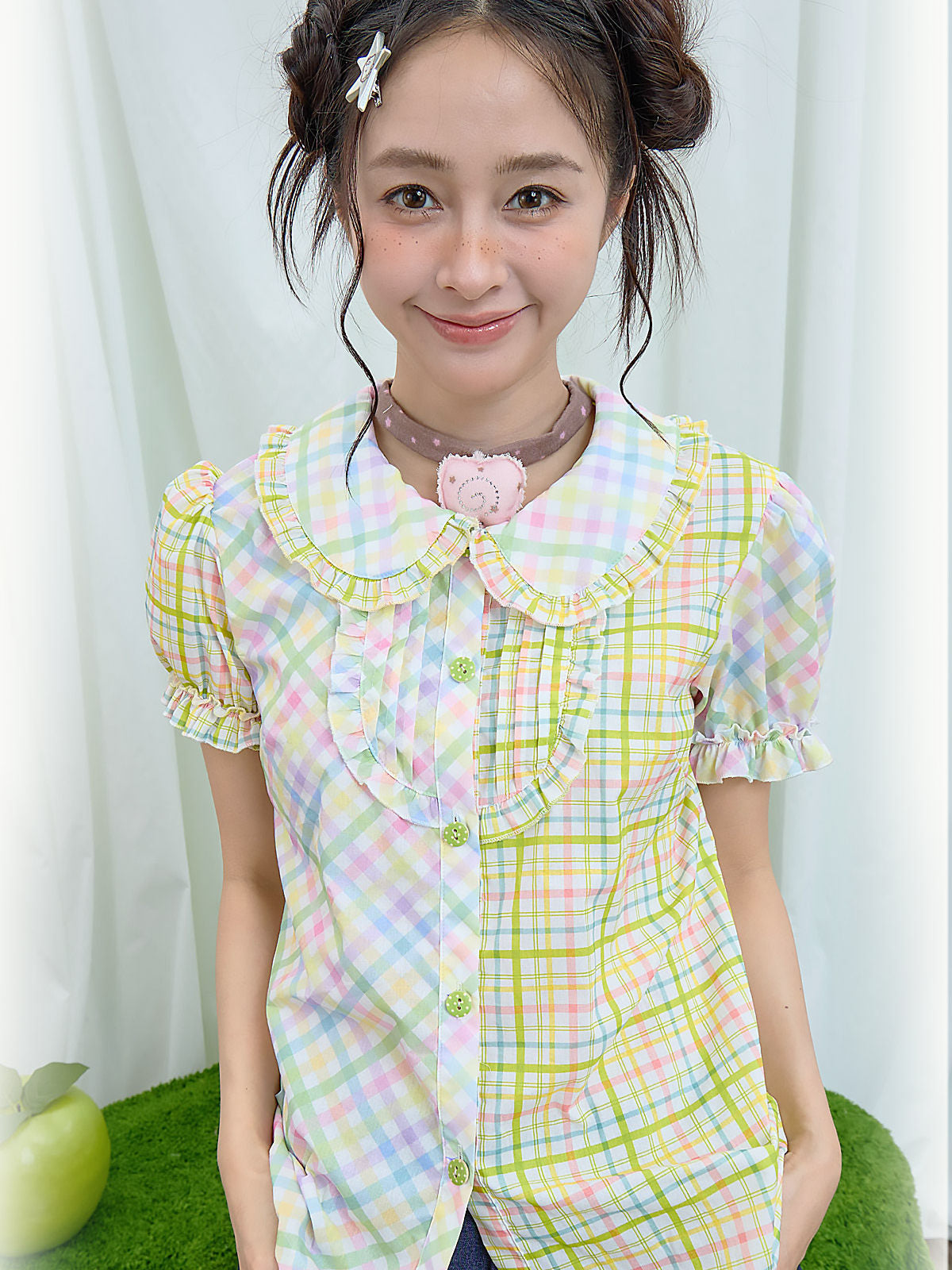 Moon Meadow - Plaid Puff Sleeve Shirt shirt Moon Meadow