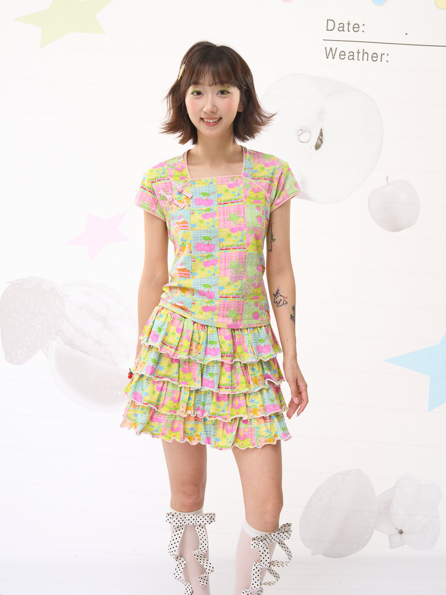 FRUITS Sweet Dream Illustrated Set | Chinese Knot Tee & Cake Skirt set Fruits