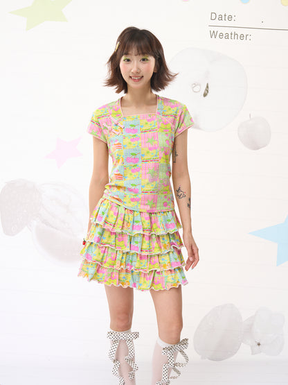 FRUITS Sweet Dream Illustrated Set | Chinese Knot Tee & Cake Skirt set Fruits