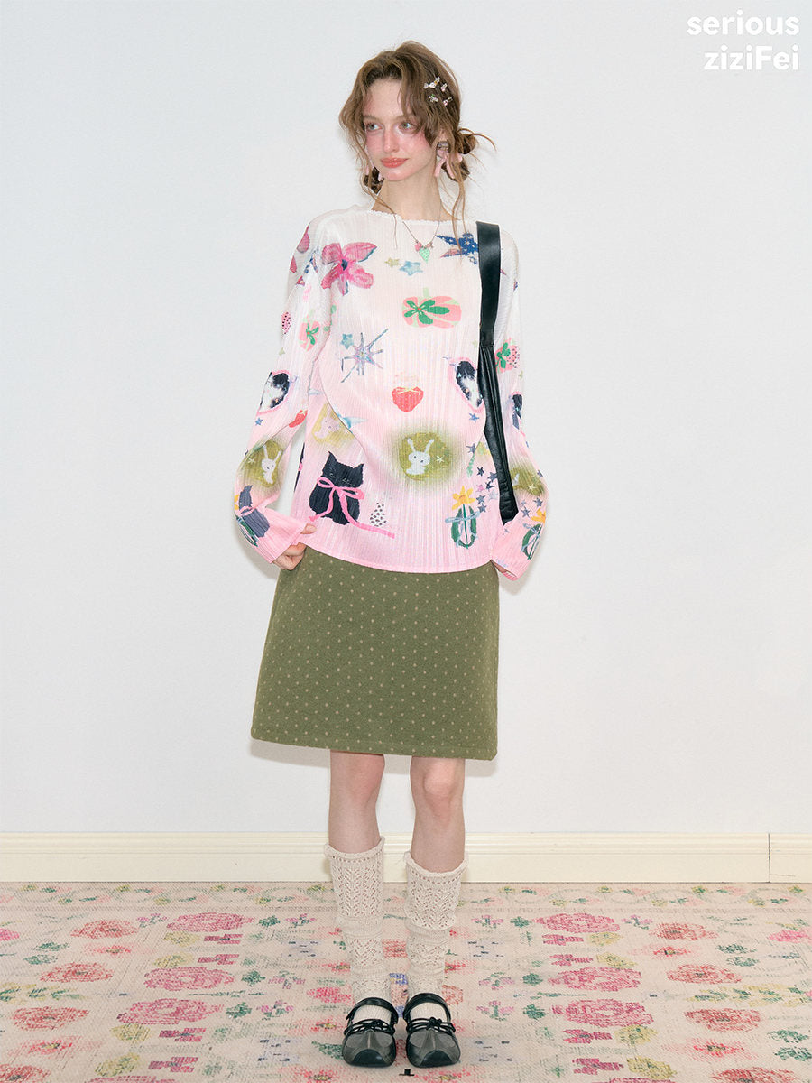 ziziFei - Pink Y2K Graphic Pleated Long Sleeve Top shirt ziziFei