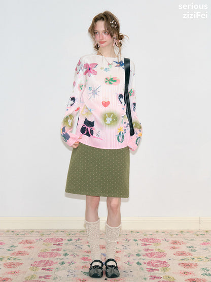 ziziFei - Pink Y2K Graphic Pleated Long Sleeve Top shirt ziziFei