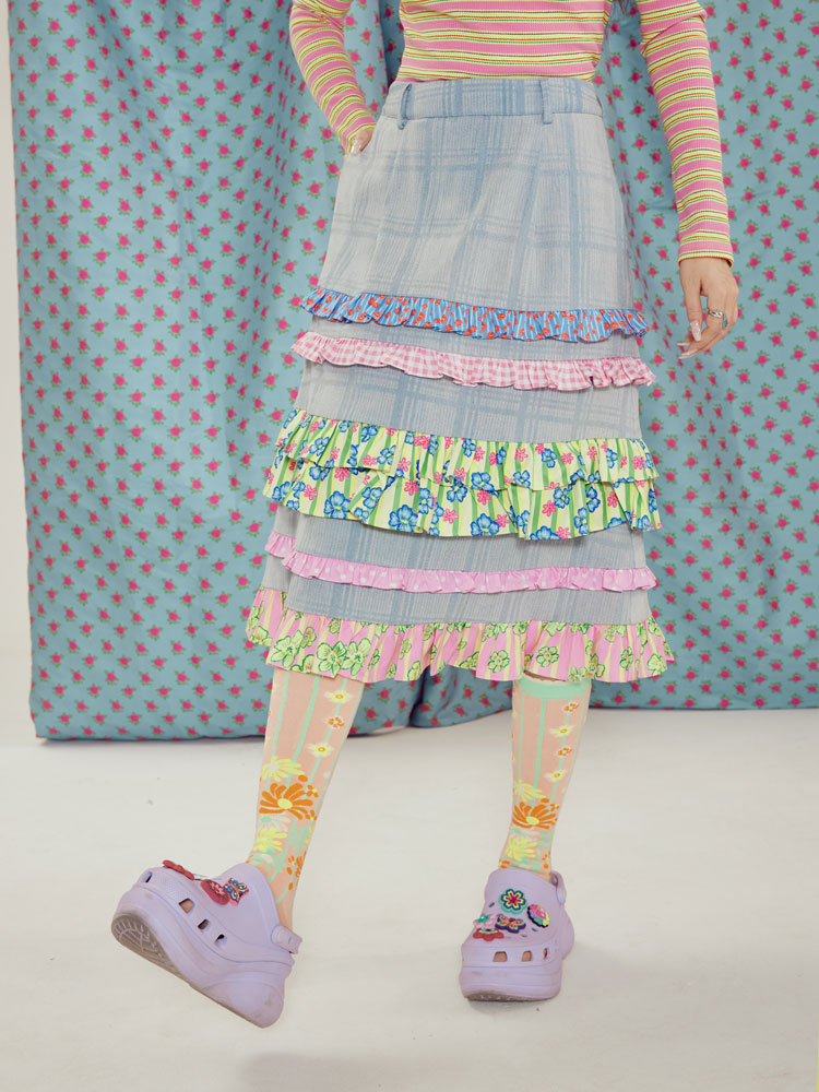 Tntntutu Skirt | Light Blue Lace Denim Skirt | Plaid A-Line High Waist Skirt skirt tntntutu