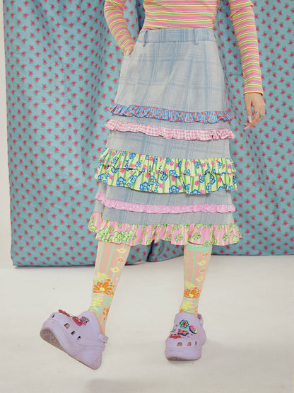 Tntntutu Skirt | Light Blue Lace Denim Skirt | Plaid A-Line High Waist Skirt skirt tntntutu