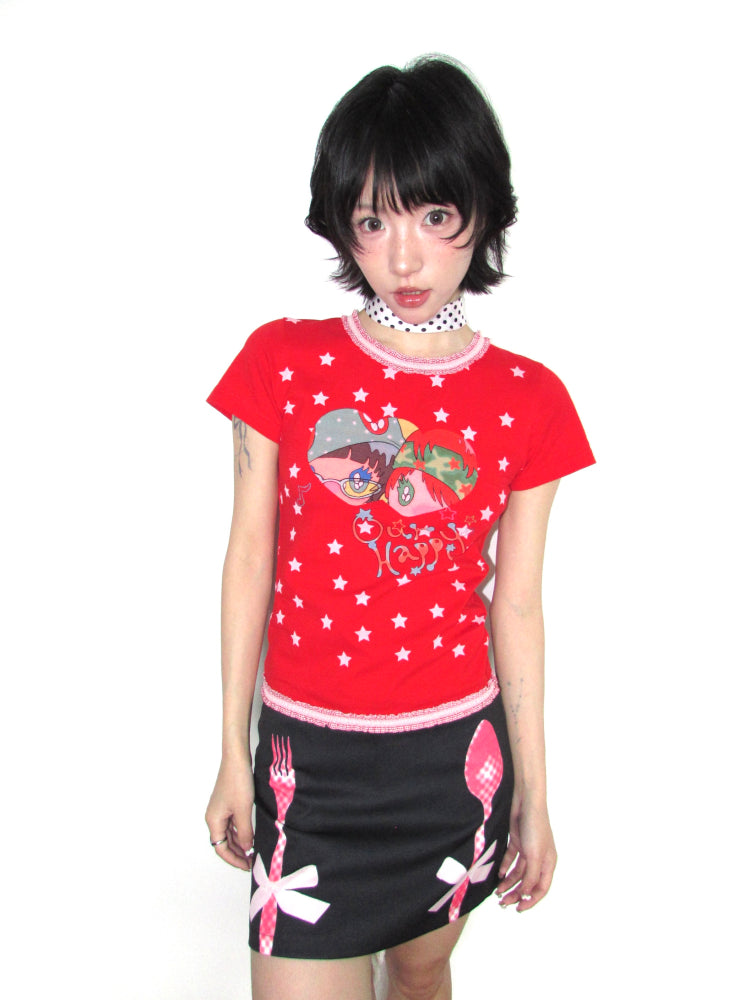 OurHappy Kawaii Harajuku Skirt | Quirky Bow & Cutlery Print Mini Skirt skirt Our Happy