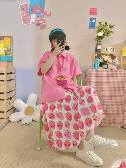 KURIOSITAET – Strawberry Print Pink Skirt skirt KURIOSITAET