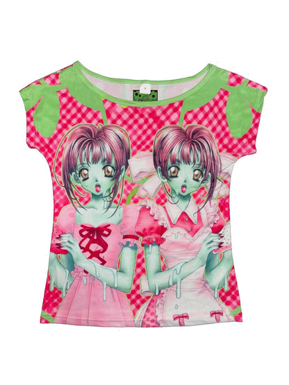 ki00bi00 - Zombie Strawberry Plaid Off Shoulder Top shirt ki00bi00